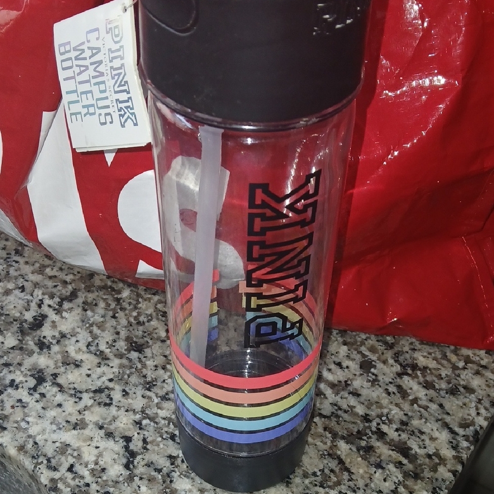 PINK Victoria's Secret Clear Water Bottle with Black Lid and Rainbow Stripes